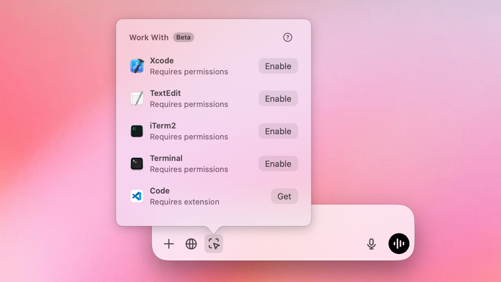 Popover showing a list of applications that can be enabled, including Xcode, TextEdit, Terminal